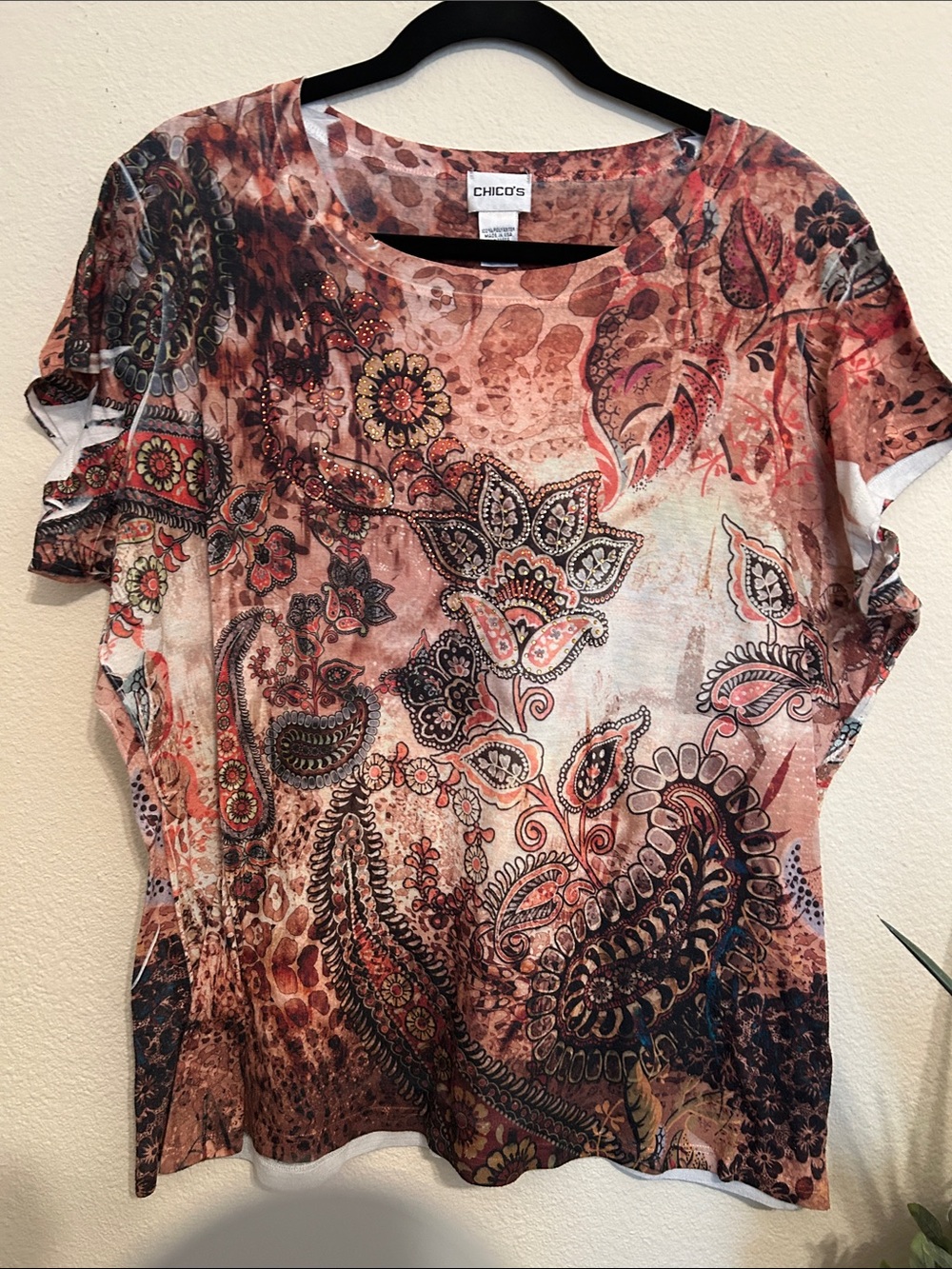 Chico's Rust Multi Paisley Floral Short Sleeve Tee